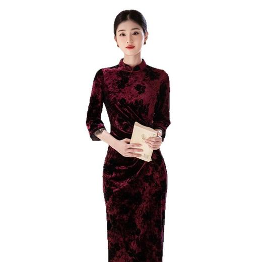 GX婚礼旗袍显瘦婚宴丝绒长款旗袍2025秋季新款时尚改良旗袍 商品图4