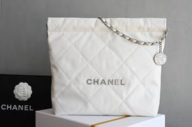 GZ232-香奈儿 菱格纹皮穿链大容量 小牛皮白缝线拼银色金属购物袋手提单肩包 -（LH*MM）