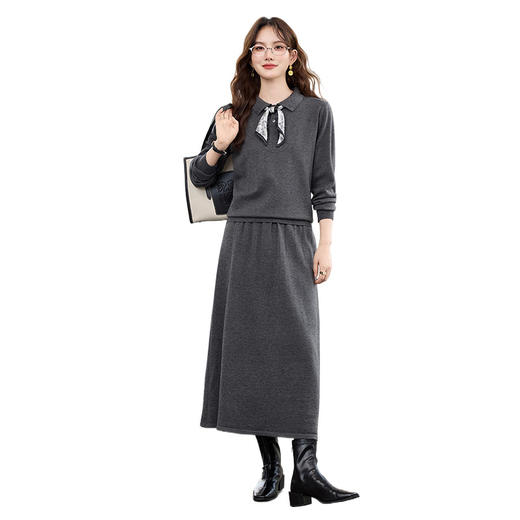 HR YBER608丝巾减龄新款Polo领简约百搭时尚气质两件套裙 商品图4