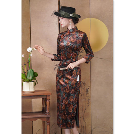 GX复古中国风长款七分袖丝绒旗袍2025秋季新款修身显瘦日常中式旗袍 商品图3