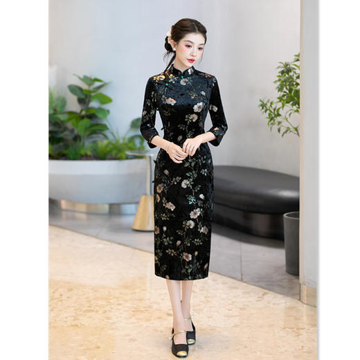 GX复古中国风中长七分袖丝绒旗袍2025秋新款旗袍女装 商品图3