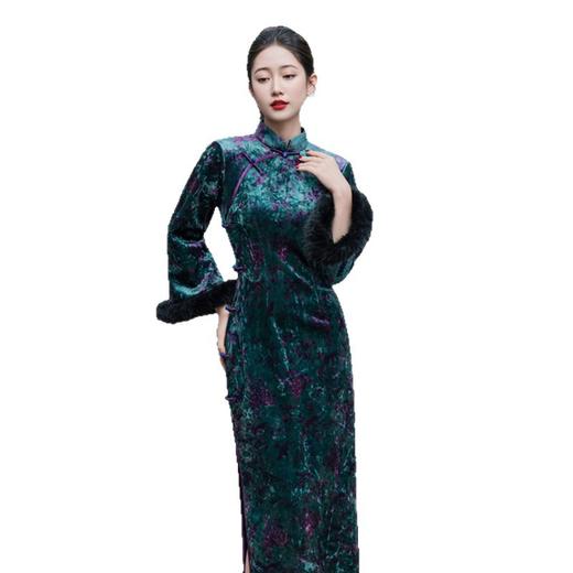 GX老上海复古国风金钻绒长款加绒倒大袖旗袍2025冬季新款旗袍 商品图4