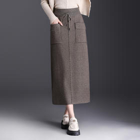 QYM 1201-Y弹力高腰半身裙针织直筒口袋裙时尚一步裙