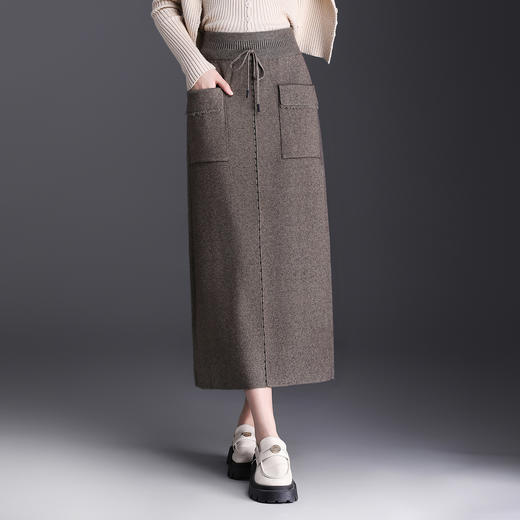 QYM 1201-Y弹力高腰半身裙针织直筒口袋裙时尚一步裙 商品图0