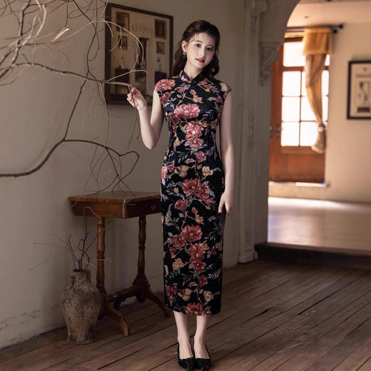 复古港风无袖旗袍，钻石绒印花长款连衣裙MYJ-257 商品图0