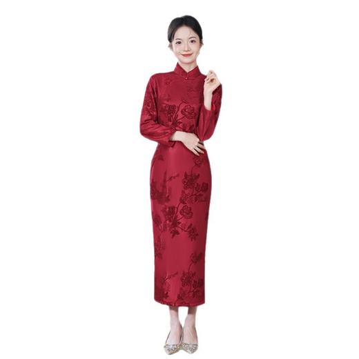 GX传统民族风酒红婚宴旗袍裙2025秋新款新娘红装七分袖订婚加绒旗袍 商品图4