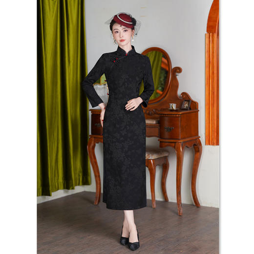 GX感国风旗袍2025秋季新款改良中式年轻款黑色气质长款长袖旗袍 商品图3