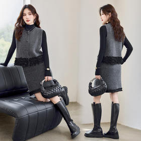 HR YBER612轻奢气质圆领重工拼接花边款时尚三件套裙