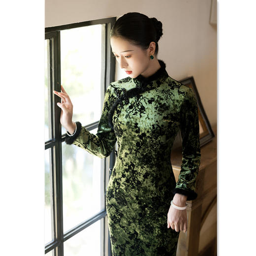 GX复古国风丝绒长袖旗袍2025秋冬季新款改良中式日常修身旗袍连衣裙 商品图2