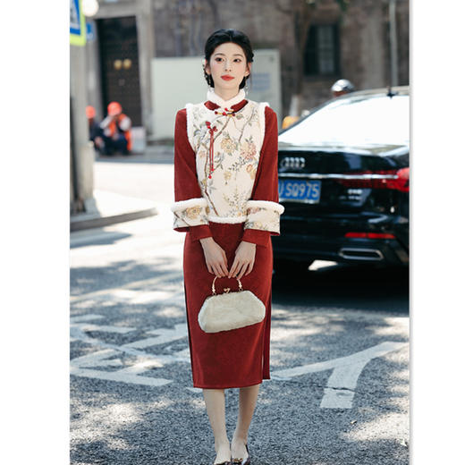 GX针织提花年轻少女旗袍2025秋冬新中式复古国风改良马甲旗袍两件套 商品图3