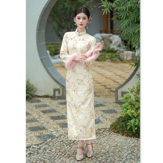 GX时尚改良年轻款长款倒大袖旗袍2025秋冬新款改良新中式加绒旗袍裙 商品图3