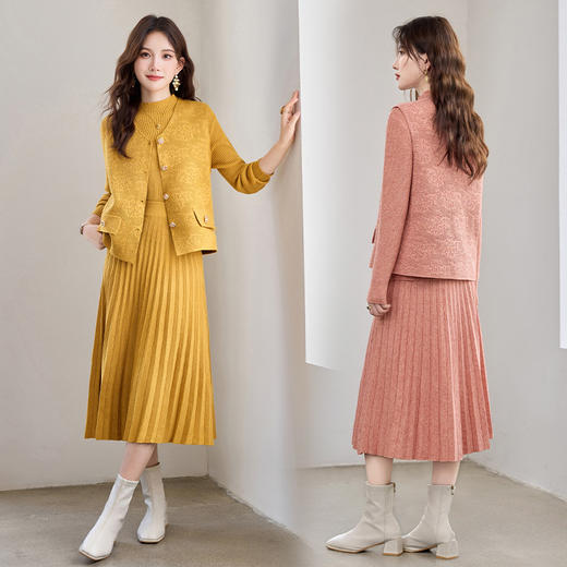 HR YBER606轻奢圆领立体花纹高级感方扣子三件套裙 商品图0