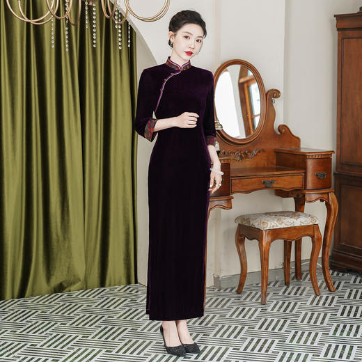 DNO-4FH7801-1丝绒加厚旗袍礼服薄款厚款中国风喜婆婆大码连衣裙 商品图2