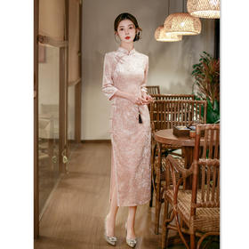 GX钻石绒长款七分袖压花旗袍2025秋新款复古国风素雅中式感旗袍