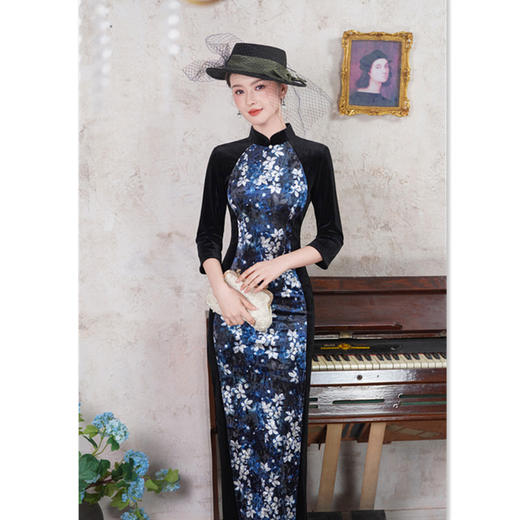 GX时尚拼接长款丝绒七分袖旗袍2025秋季新款国风中式小个子日常旗袍 商品图2