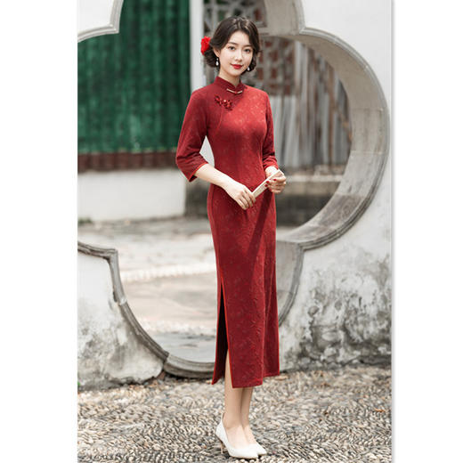 GX酒红色喜婆婆长款七分袖旗袍2025秋冬新款喜宴妈妈装敬酒服旗袍裙 商品图3