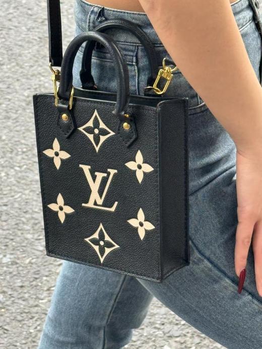 驴家 Petit Sac Plat 经典老花可拆卸 软粒面牛皮 琴谱包托特包购物袋单肩斜挎手提包 迷你 女款 黑色拼米色（LZ*MM） 商品图2