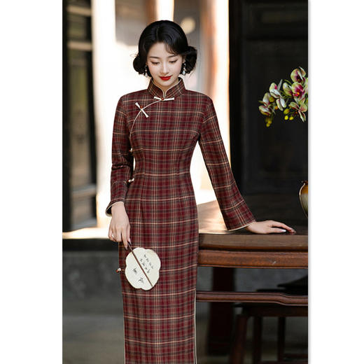 GX红色格子旗袍2025新款秋冬季复古民国风老上海日常改良年轻款旗袍 商品图0