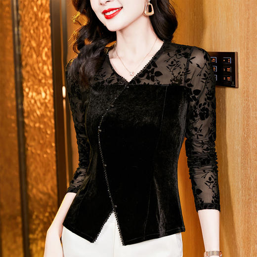 2025气质百搭V领黑色丝绒拼接植绒网纱长袖打底t恤K-E37M2920 商品图2