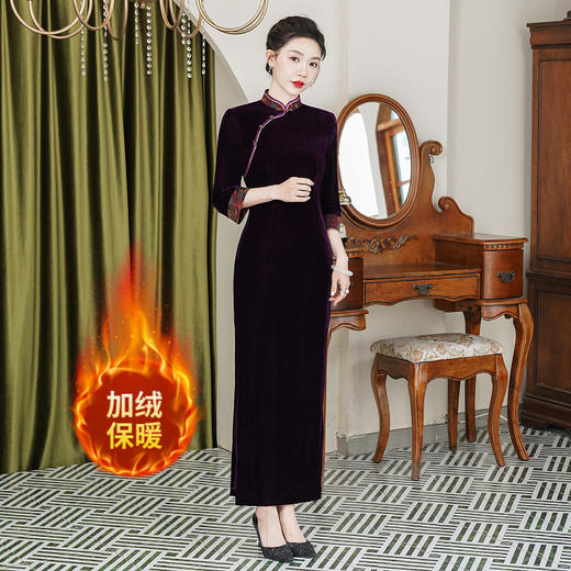 DNO-4FH7801-1丝绒加厚旗袍礼服薄款厚款中国风喜婆婆大码连衣裙 商品图1