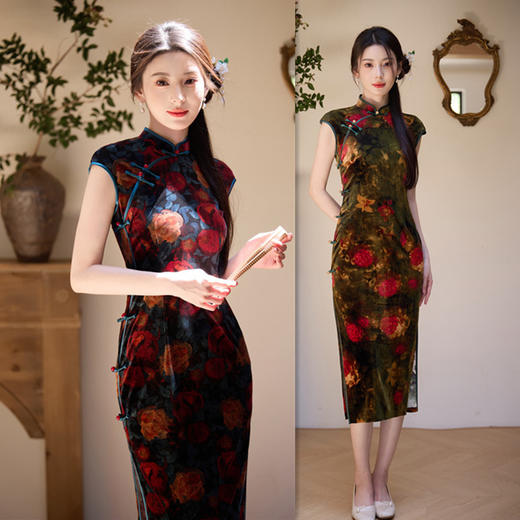 GX丝绒无袖小个子旗袍2025初秋新款时尚改良年轻少女日常坎肩袖旗袍 商品图3