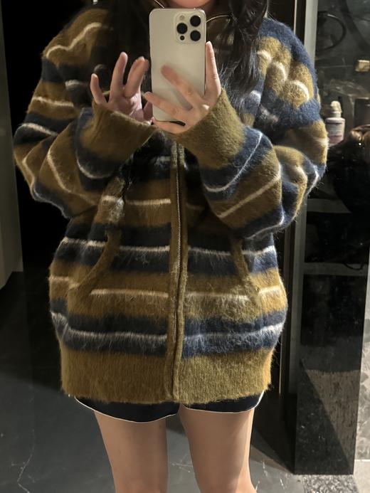 马海毛毛绒针织经典条纹外套（蕾姐灰黑色L，棕色XL ） 商品图2