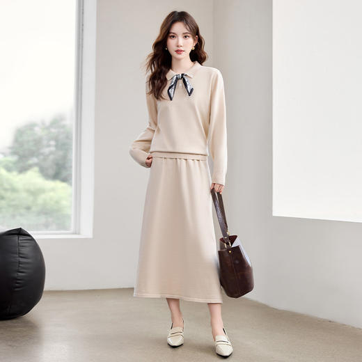 HR YBER608丝巾减龄新款Polo领简约百搭时尚气质两件套裙 商品图2