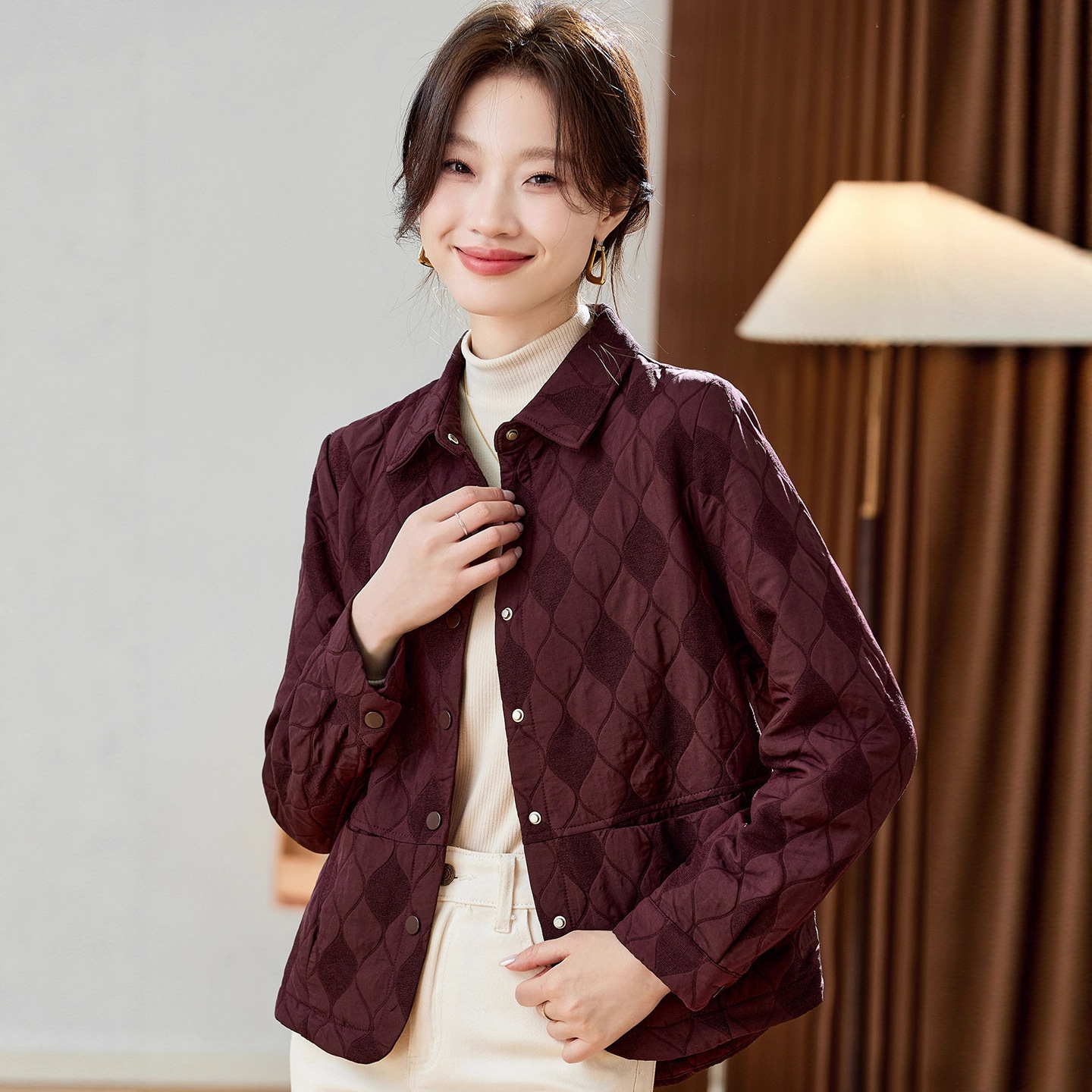 夹棉菱格外套，短款小香风洋气减龄轻薄小棉袄HR-JYJ25103