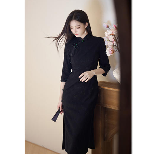 GX时尚针织棉简约中式长款七分袖旗袍2025秋新款日常可穿感旗袍 商品图3