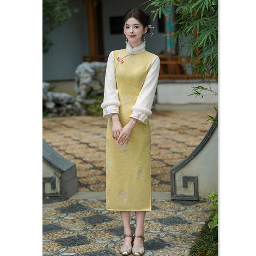 GX时尚拼接雪尼尔长款倒大袖旗袍2025秋冬款改良新中式日常可穿旗袍 商品图0