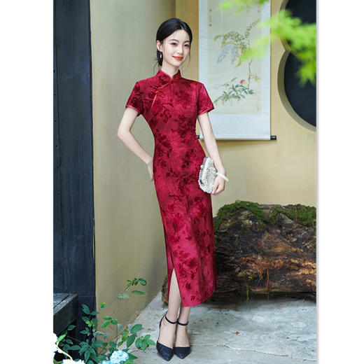 GX复古国风弹力植绒长款短袖旗袍2025秋季新款喜妈妈婚宴旗袍连衣裙 商品图2