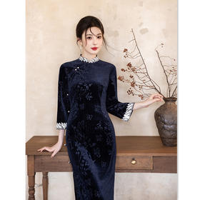 GX老上海时尚改良丝绒提花长款倒大袖旗袍2025秋冬新款改良中式旗袍