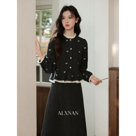 鹿向南「烟灰缀露」假两件深灰色连衣裙女秋季法式设计感长款裙子