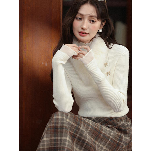 【65折秒杀】鹿向南「水中芙蓉」法式半高领针织衫女秋荷叶边修身内搭打底上衣L58608 商品图4