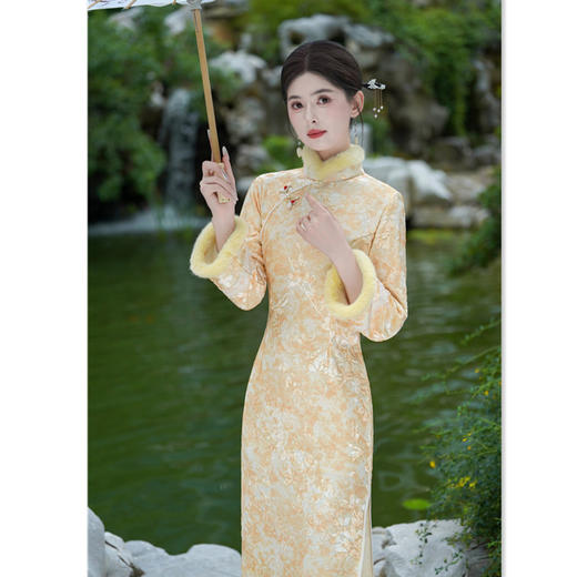 GX中国风加绒长袖女装旗袍2025秋冬款复古改良年轻款倒大袖日常旗袍 商品图0