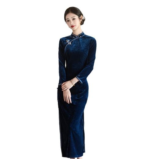 GX老上海复古国风长款丝绒七分袖旗袍2025秋新款改良中式感旗袍 商品图4