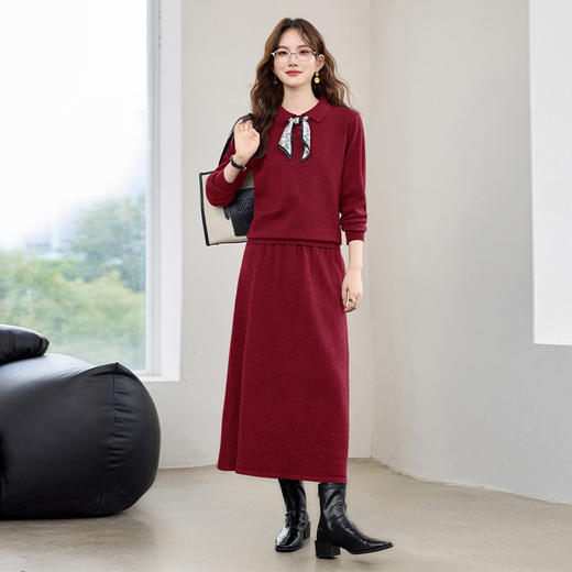 HR YBER608丝巾减龄新款Polo领简约百搭时尚气质两件套裙 商品图3