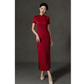 GX红色提花缎长款女旗袍婚宴礼服2025初秋新款复古国风喜妈妈旗袍裙