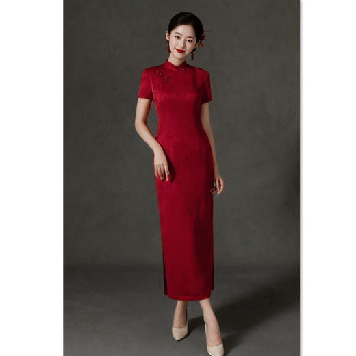 GX红色提花缎长款女旗袍婚宴礼服2025初秋新款复古国风喜妈妈旗袍裙 商品图0