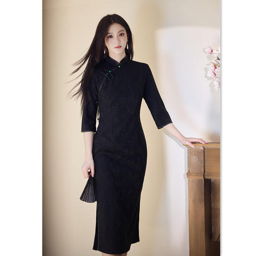 GX时尚针织棉简约中式长款七分袖旗袍2025秋新款日常可穿感旗袍 商品图0