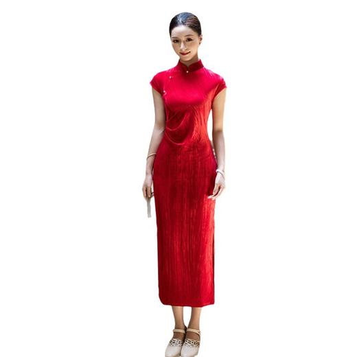 GX红色丝绒年轻少女款婚宴旗袍2025秋新款改良新中式订婚旗袍敬酒服 商品图4