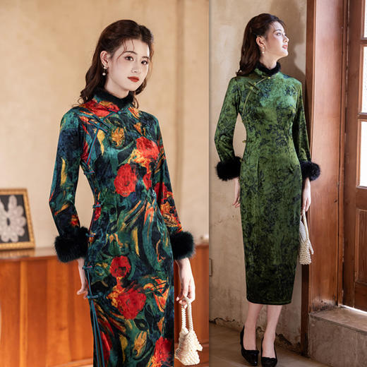 GX丝绒旗袍女新中式秋冬季新款2025长款加绒加厚长袖复古毛领旗袍裙 商品图3