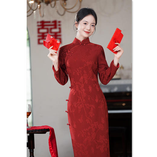 GX红色旗袍礼服2025秋季新款复古国风喜婆婆妈妈婚宴长袖旗袍连衣裙 商品图3