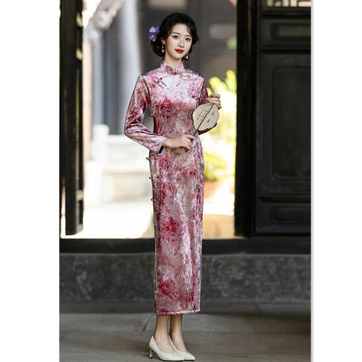 GX老上海复古中国风长款金钻绒七分袖旗袍2025秋冬新款改良中式旗袍 商品图2