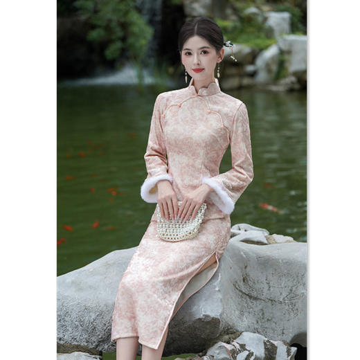 GX长款倒大袖加绒旗袍2025秋冬新款时尚改良新中式日常宽松长袖旗袍 商品图3