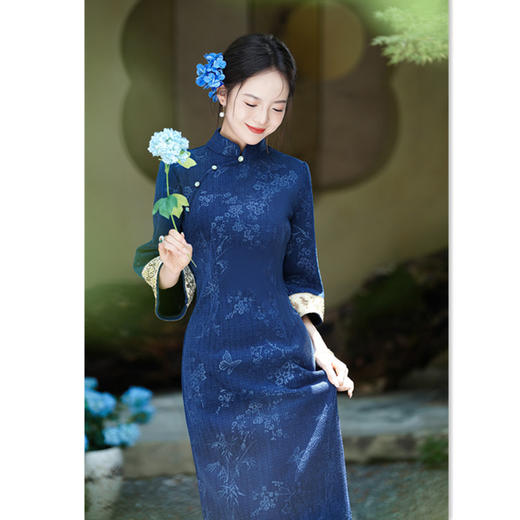 GX时尚拼接提花复合超柔长款倒大袖旗袍2025秋新款现代中式日常旗袍 商品图3