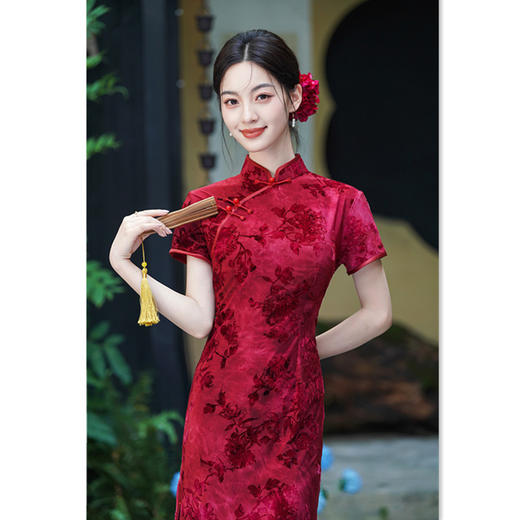 GX复古国风弹力植绒长款短袖旗袍2025秋季新款喜妈妈婚宴旗袍连衣裙 商品图0