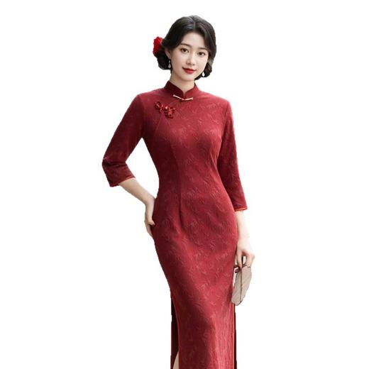 GX酒红色喜婆婆长款七分袖旗袍2025秋冬新款喜宴妈妈装敬酒服旗袍裙 商品图4