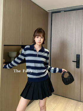 缪缪 25FW早秋新款 条纹半拉链羊绒Polo衫（DQJ*MM）