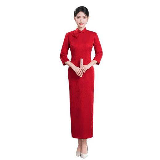 GX红色提花缎长款七分袖旗袍2025秋新款复古国风喜妈妈婚宴旗袍礼服 商品图4